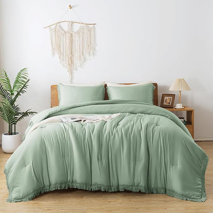 Andency Comforter King Size Bed Set Sage Green, 3 Pieces Boho Lightweight Winter Bedding Comforters & Sets, All Season Soft Tassel Bed Set (104x90In Comforter & 2 Pillowcases)