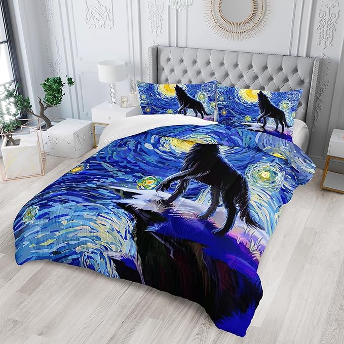 Moon Wolf Comforter Set Moonnight Wolf Bedding Set Full Size Soft Microfiber All Season(1 Comforter & 2 Pillowcases)