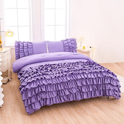 MWMWMW Girls Purple Ruffle Comforter Set Full, Purple Ruffle Bedding Set, 3Pcs Full Size Bedding Sets for Kids Girls, All Season Use