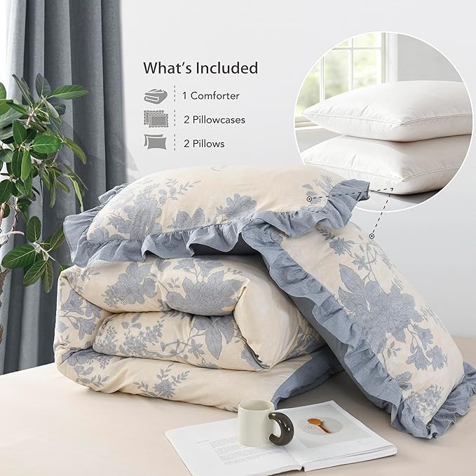 Oli Anderson 5 Piece Floral Comforter Set, Vintage Botanical Print Bedding Set, Farmhouse Lightweight Cottagecore Bed in a Bag with 1 Ruffle Flowers Comforter, 2 Pillowcases, 2 Pillows (Blue, Queen)