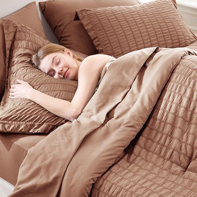 CozyLux Full Size Comforter Sets with Sheets Seersucker 7 Pieces Mocha Mousse Bed in a Bag Textured Luxury Soft Bedding Set with Down Alternative Comforter, Sheets, Pillowcases & Shams for All Seasons