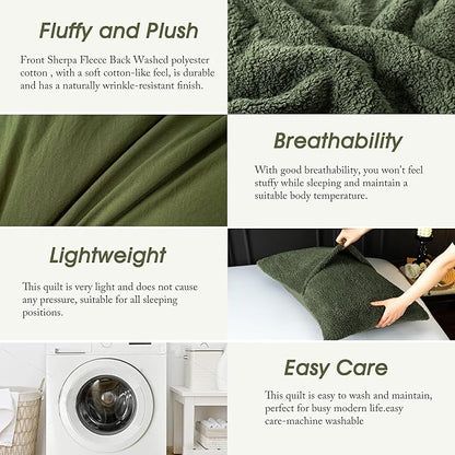 Warm Ultra-Soft Sherpa King Size Down Comforter - Reversible Bedding Down Alternative Blanket Comforter and 2 Pillowshams Plush Comfort Fluffy for Winter Fall (Dark Olive Green Cal/Cal King)