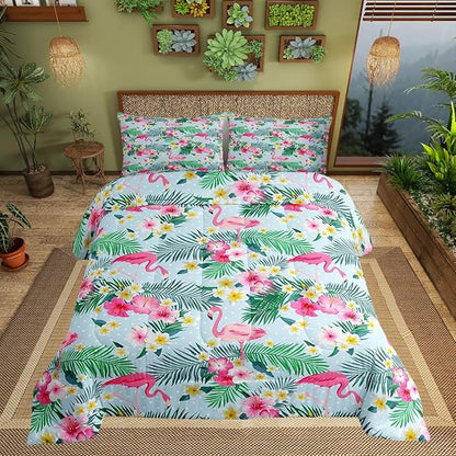 Pink Flamingo Kids Comforter Set Full Size,Palm Leaves Flowers Rustic Bedding Set,Boys Girls Adults Room Decor,Tropical Plants Animals Dots Down Comforter,Blue Dreamy Duvet Insert,2 Pillowcases