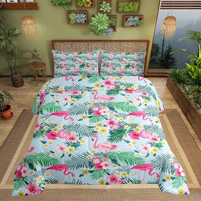 Manfei Pink Flamingo Kids Comforter Set Twin Size,Palm Leaves Flowers Rustic Bedding Set,Boys Girls Adults Room Decor,Tropical Plants Animals Dots Down Comforter,Blue Dreamy Duvet Insert,1 Pillowcase
