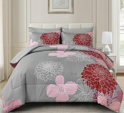Yiran Bed in a Bag Queen Comforter Set 7 Pieces Burgundy Pink Red Floral Comforter Set Flower Soft Microfiber Bedding Set for All Season 90"×90"