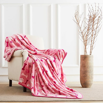 Allisandro Luxurious Dog Blanket, 350 GSM Super Fuzzy Microplush Fleece Pet Blankets for Small Medium Large Dogs and Cats, Pink Paw and Bone, 80" x 64”