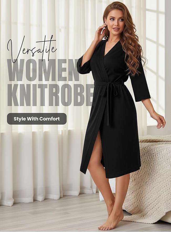 NY Threads Women's Robe Long Knit Bathrobe 3/4 Sleeves Soft Kimono Lightweight Loungewear