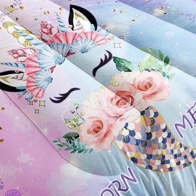 Cartoon Mermaid Tail Comforter Sets Full Size, Bedding Sets for Kids,Flowers and Scallops Comforter Sets All Season 1 Comforter and 2 Pillowcases