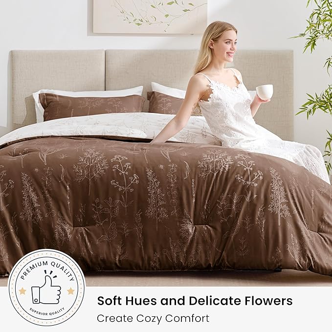 Love's cabin Chocolate Twin Comforter Set - Twin XL Size Comforter Set Dorm Bedding, 2 Pieces Cute Floral Bedding, Reversible Flowers Comforter, 1 Comforter & 1 Pillow Sham