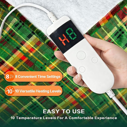 Electric Blanket Heated Throw, Soft Flannel 50"x60" Plaid Heating Blanket with 8 Hours Auto Off 10 Fast Heating Levels Machine Washable Sherpa Heated Blanket with Overheating Protection