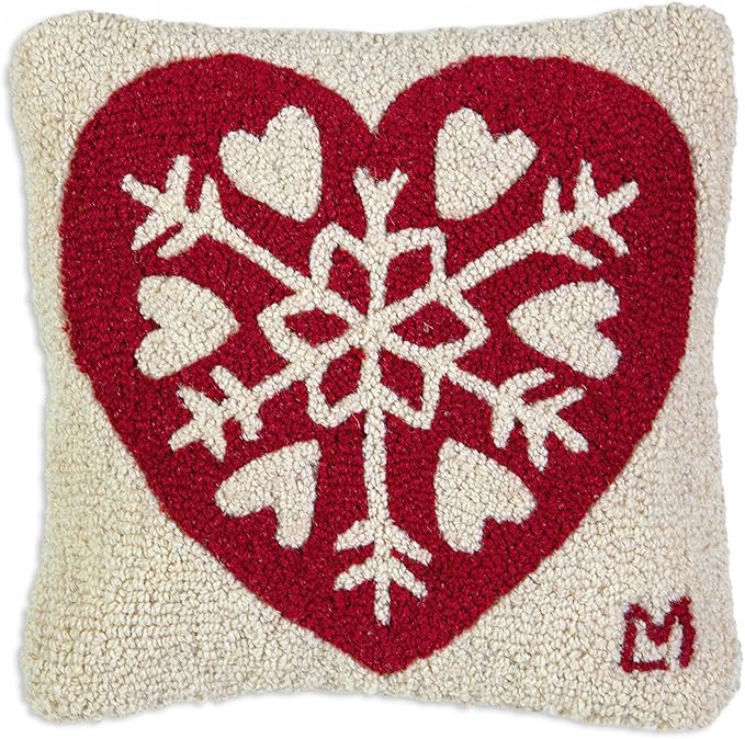 Chandler 4 Corners Artist-Designed Snowflake Heart Hand-Hooked Wool Decorative Throw Pillow (14 in x 14 in) Christmas Pillow for Couches & Beds - Low Maintenance Winter, Frosty & Holiday Home Décor