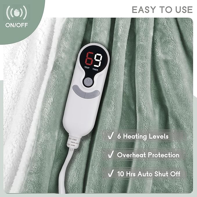 Heated Blanket Electric Blanket Full Size 72''x84'' with 9 Heating Levels, 1-10 Hour Auto Shut Off, Machine Washable, Flannel & Sherpa Soft Warming Blanket for Couch, Bed, Office - Light Green