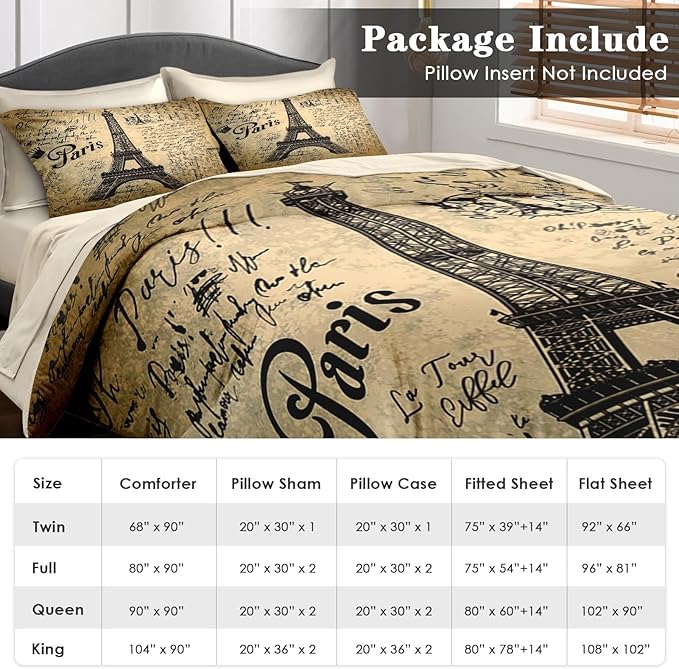 Comforter Set King Size, Paris Eiffel Tower 7 Pcs Bedding for Kids and Adults, Love Retro Brown Bed Sheet Sets with Fitted Sheet 2 Pillowcases & 2 Shams for Bedroom Bed Decor