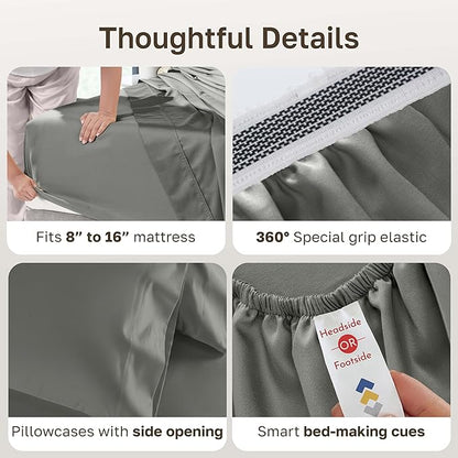 California Design Den King Bed Sheets Set - 1000 Thread Count Sateen, Thick and Natural 100% Cotton Sheets for King Size Bed, Deep Pockets, Durable Bedding Set - Grey