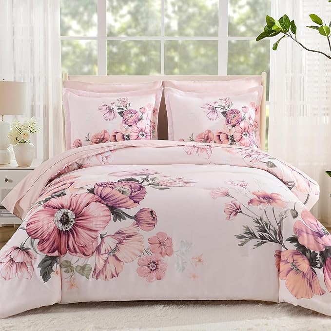 Queen Comforter Set - 7 Pieces Bed in a Bag Pink Floral Queen Comforter Set with Sheets, Soft Microfiber Flower Complete Bedding Set for All Seasons（Pink,90"x90"）