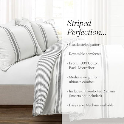 Lush Decor Farmhouse Stripe Reversible Cotton Comforter Set - 3 Piece Cozy Pinstripe Bedding Set - Classic Modern Rustic Charm Bedroom Decor - King, Dark Gray