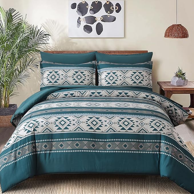 Anibedding Teal Comforter Set Queen 7 Pieces Boho Western Bedding Set for All Season, Aztec Bed in a Bag Queen Soft Microfiber Comforter Set with Sheets, Pillowcases & Shams