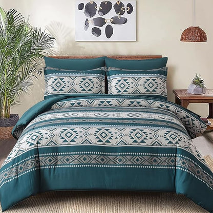 Anibedding Teal Comforter Set King 7 Pieces Boho Western Bedding Set for All Season, Aztec Bed in a Bag King Soft Microfiber Comforter Set with Sheets, Pillowcases & Shams