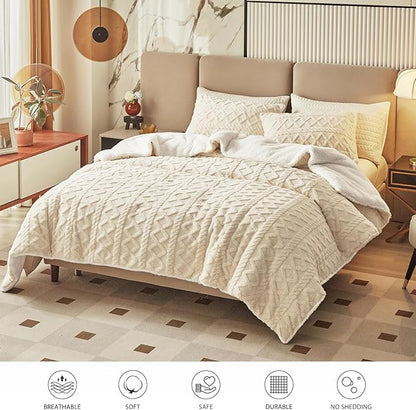 Joyreap 3-Piece Fluffy Faux Fur Sherpa Comforter Set Beige, Queen Size Luxury Tufted Bedding Comforter Set, All Season Soft n Cozy Plush Comforter Bed Set- 88x88 inches