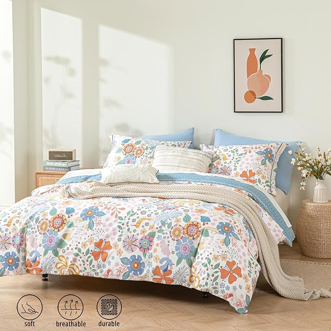 Blue Floral Cotton Comforter Queen Size - Vibrant Artistic Blooms & Boho Geometric Patterns, White & Soft Blue, 3PC Lightweight Bedding Sets with Down Alternative Fill(90"×90")