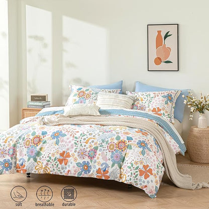 Blue Floral Cotton Comforter Queen Size - Vibrant Artistic Blooms & Boho Geometric Patterns, White & Soft Blue, 3PC Lightweight Bedding Sets with Down Alternative Fill(90"×90")
