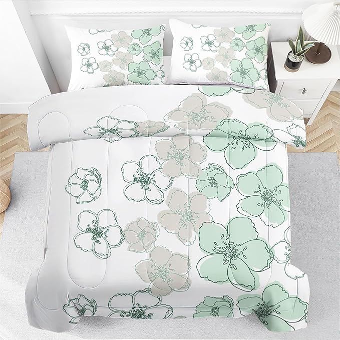 Raphus cucullatus Floral Comforter Set King Size,Green Flower Bedding Set,Botanical Bedding Pretty Floral Comforter Set,Flower Quilt King Size