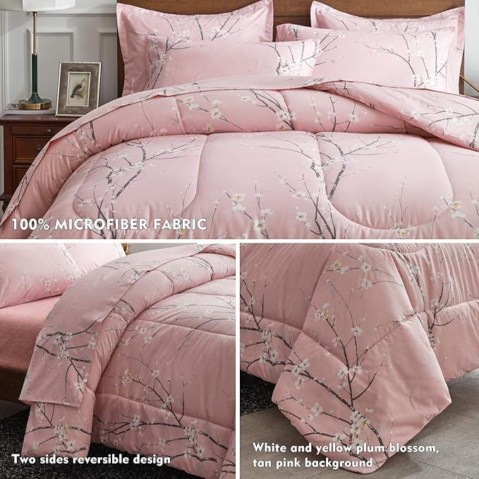 AIKASY Bed in a Bag 6 Pieces Twin Size - Floral Print - Soft Microfiber, Reversible Bed Comforter Set (1 Comforter, 2 Pillow Shams, 1 Flat Sheet, 1 Fitted Sheet, 1 Pillowcases)（Pink, Twin）
