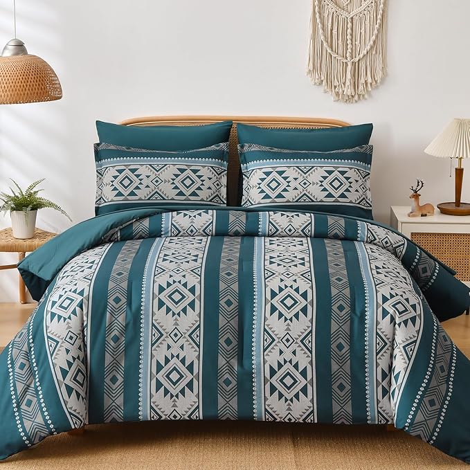 Anibedding Teal Comforter Set Queen 7 Pieces Boho Western Bedding Set for All Season, Aztec Bed in a Bag Queen Soft Microfiber Comforter Set with Sheets, Pillowcases & Shams