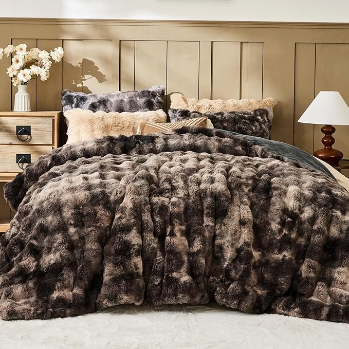 Lotus Karen Faux Fur Full Comforter Set – Tie-Dye Dark Gray Fluffy Comforter Full Size, Big Bubble Faux Rabbit Fur Bedding Comforter Sets, Cozy Fuzzy Bed Set 3 Pieces, 1 Comforter and 2 Pillowcases
