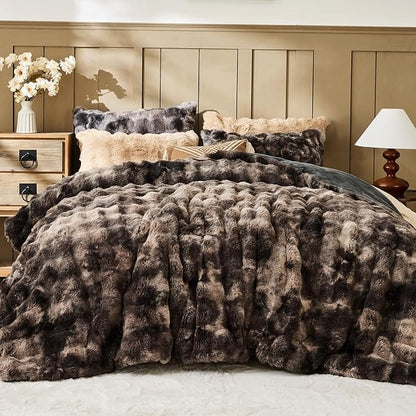 Lotus Karen Faux Fur Full Comforter Set – Tie-Dye Dark Gray Fluffy Comforter Full Size, Big Bubble Faux Rabbit Fur Bedding Comforter Sets, Cozy Fuzzy Bed Set 3 Pieces, 1 Comforter and 2 Pillowcases