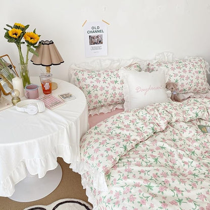 HighBuy White Lace Comforter Set Queen Pink Floral Bedding Set Ruffled Lace Comforter with 2 Ruffle Pillowcases Coquette Cottagecore Comforter Sets for Women Girls,Quilted,Cozy Soft