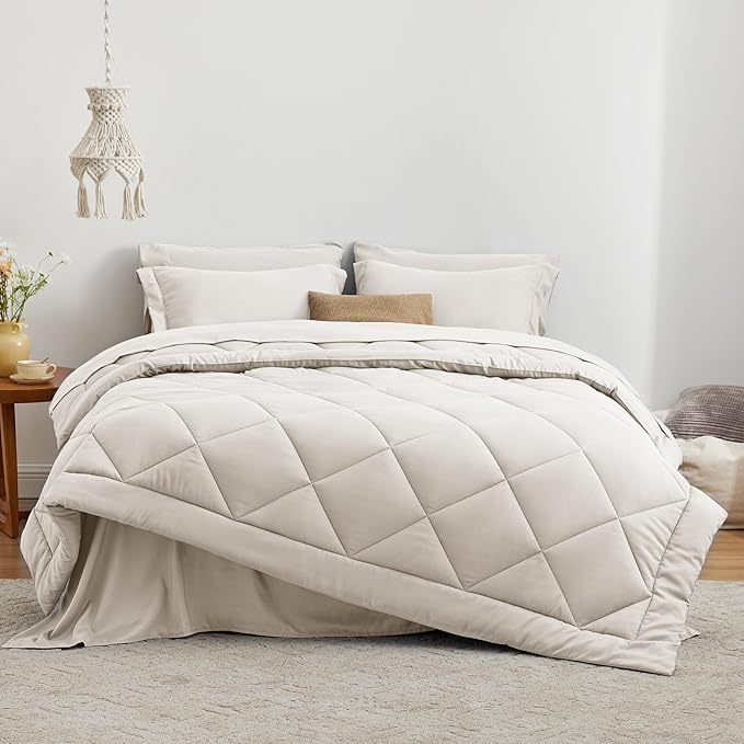Love's cabin Queen Comforter Set Off White, 7 Pieces Queen Bed in a Bag, All Season Bedding Sets with 1 Comforter, 1 Flat Sheet, 1 Fitted Sheet, 2 Pillowcase and 2 Pillow Sham
