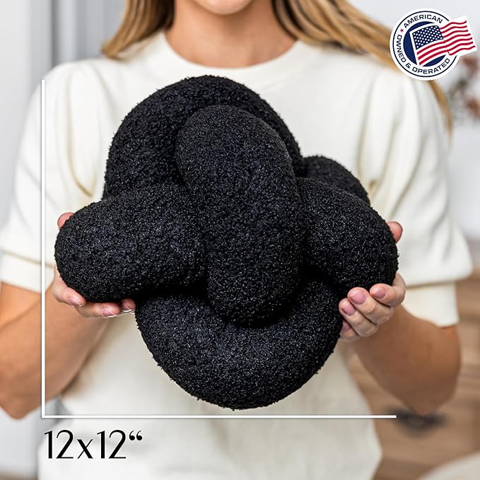 SAMIAH LUXE Black Knot Pillow Ball 12" for Home Decor Living Room, Teddy Boucle Knotted Black Decorative Pillow for Couch, Knot Throw Pillows for Living Room Decor, Sensory Knotted Circle Pillows