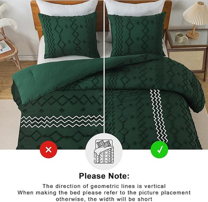 Andency King Size Comforter Set, 3 Pieces Dark Emerald Green Boho Tufted Geometric Shabby Chic Bedding, Soft Fluffy Farmhouse Bed Set, Jacquard Textured Comforter for All Season (104x90 Inch)