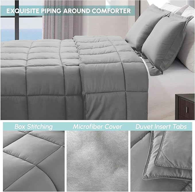 Elegant Comfort 3-Piece Box Stitched Down Alternative Comforter with Shams - Ultra Soft for All Season Duvet Insert with Corner Tabs, Plush Cozy 3PC Comforter Set, Twin, Silver Gray