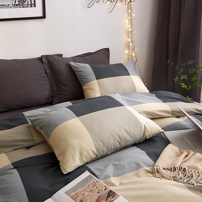 VM VOUGEMARKET Black Gray Beige Plaid Comforter Set Queen Boys Men Modern Bedding Set Geometric Checkered Pattern Comforter Bed in a Bag All Season Queen Comforter Set