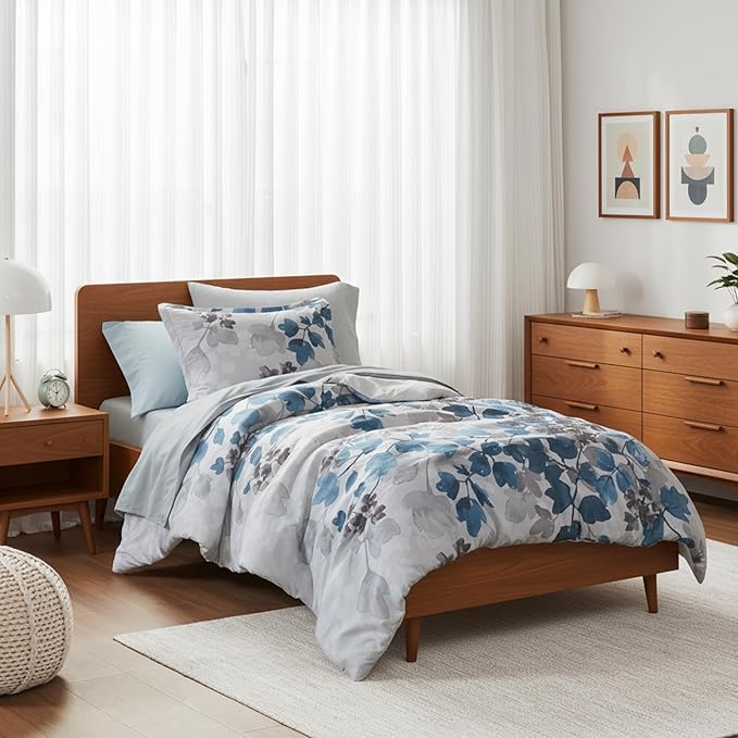 Twin Comforter Set Blue Bed Set, 6 Pieces Cute Floral Bedding Set Ultra Soft Botanical Flowers Comforter, Sheets, Pillowcase & Sham