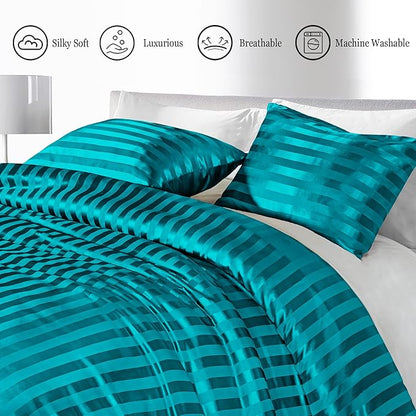 Whale Flotilla 3-Piece Reversible Silky Soft King Size Comforter Set, Luxury Stripe Satin Oversized Comforter Bedding Set with 2 Satin Pillowcases, Lightweight Duvet Set for All Seasons, Turquoise