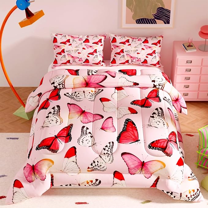 Pink Butterfly Comforter Set, 3D Pattern for Kids Teens Adults,Decorative Bedding Comforter Sets with 2 Pillow Shams, Twin Size