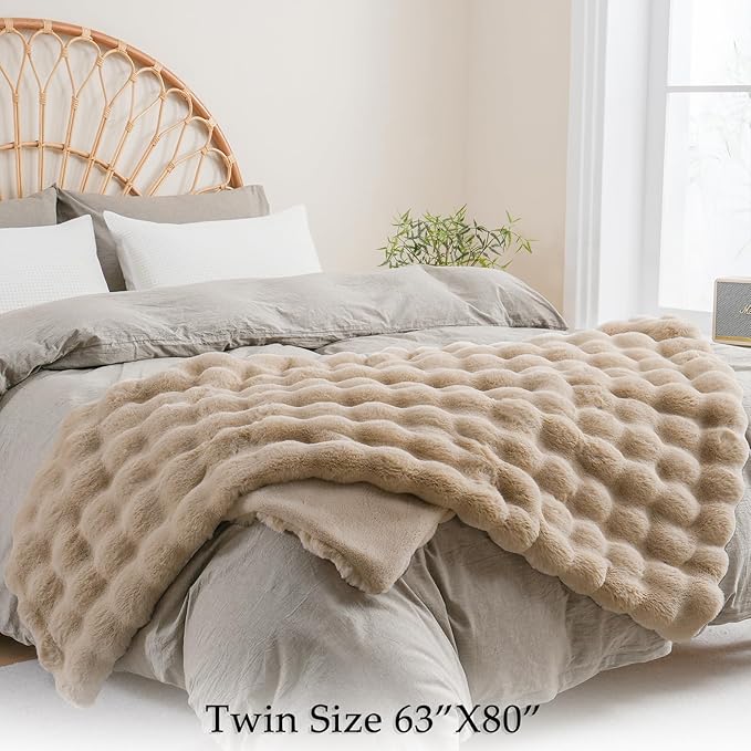 BENVWE Faux Fur Throw Blanket for Couch Bed - Fluffy Soft Thick Bubble Blanket for Living Room Home Decor - Mothers Day Birthday Gifts for Women, Beige, 63" x 80"
