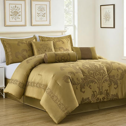 Chezmoi Collection Royale 7-Piece Jacquard Floral Comforter Set, Oversized King, Gold