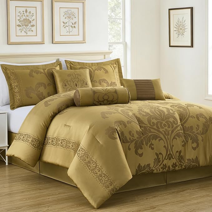 Chezmoi Collection Royale 7-Piece Jacquard Floral Comforter Set, Oversized Queen, Gold