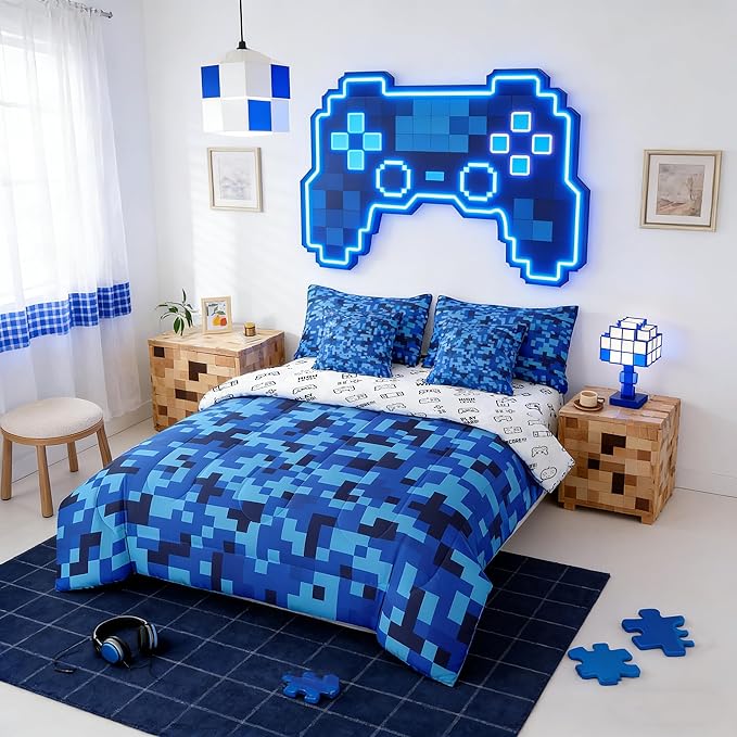 Navy Blue Camouflage 7Pcs Comforter Set Full Size,Geometric Checked Bedding Sets for Kids Boys Teens Men Room Decor,Pixelated Miner Style Fitted Flat Sheet Video Games 2 Throw Pillow,2 Pillowcases