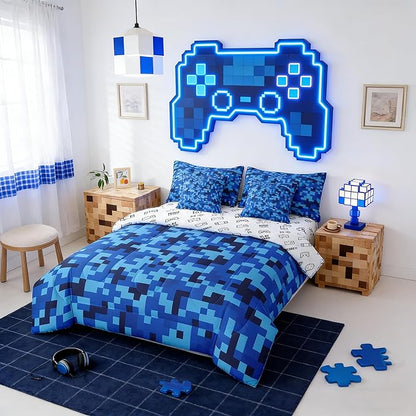 Navy Blue Camouflage 7Pcs Comforter Set Twin Size,Geometric Checked Bedding Sets for Kids Boys Teens Men Room Decor,Pixelated Miner Style Fitted Flat Sheet Video Games 2 Throw Pillow,2 Pillowcases