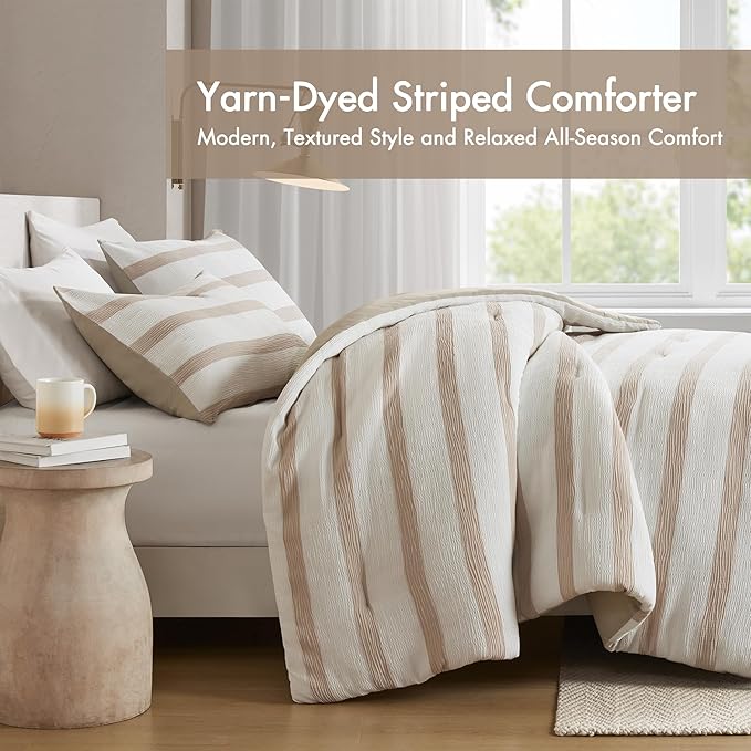 Madison Park Essentials Striped Comforter Set Twin Size, Yarn-Dyed Reversible Comforter with Minimalist Stripes, Crinkled Texture Bedding Set for All-Season Lightweight Warmth, Merritt Taupe