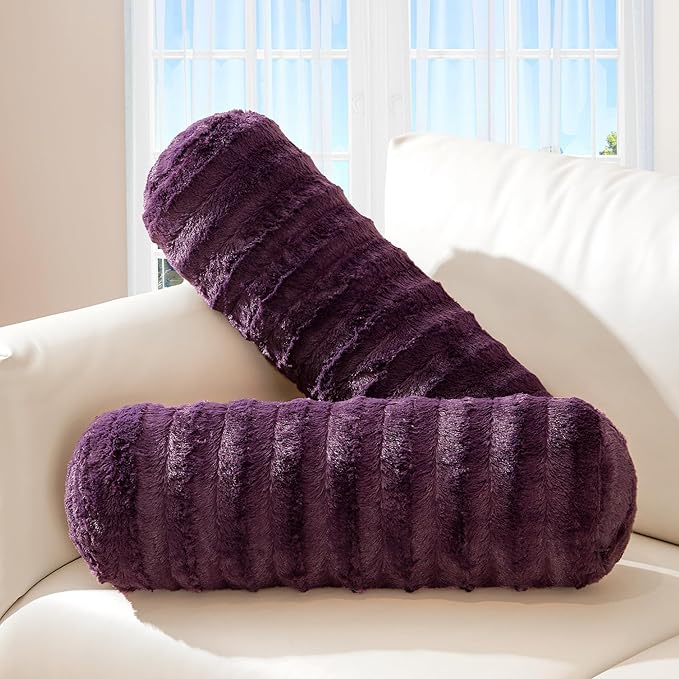 Cheer Collection Faux Fur Bolster Pillows – Soft Decorative Cylinder Pillows for Bed or Couch, Machine Washable – 8” x 24”, Set of 2, Purple