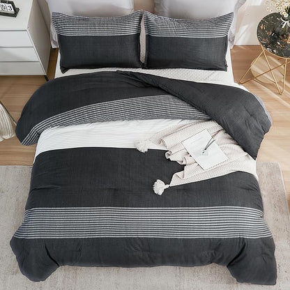 Litanika Oversized King Comforter Set Black White Grey 120x98-3 Pieces Lightweight Colorblock Stripe Fluffy Bedding Comforter Sets, All Season Bed Set