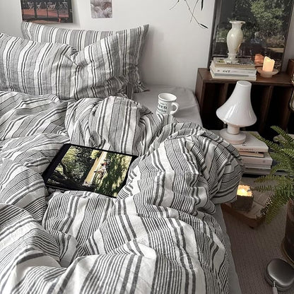 mixinni Vintage Grey & White Striped Comforter Set Queen Size - Soft Washed Cotton 3-Piece Neutral Bedding Set, Retro Geometric Pattern, All-Season Breathable & Fluffy for Men, Boys