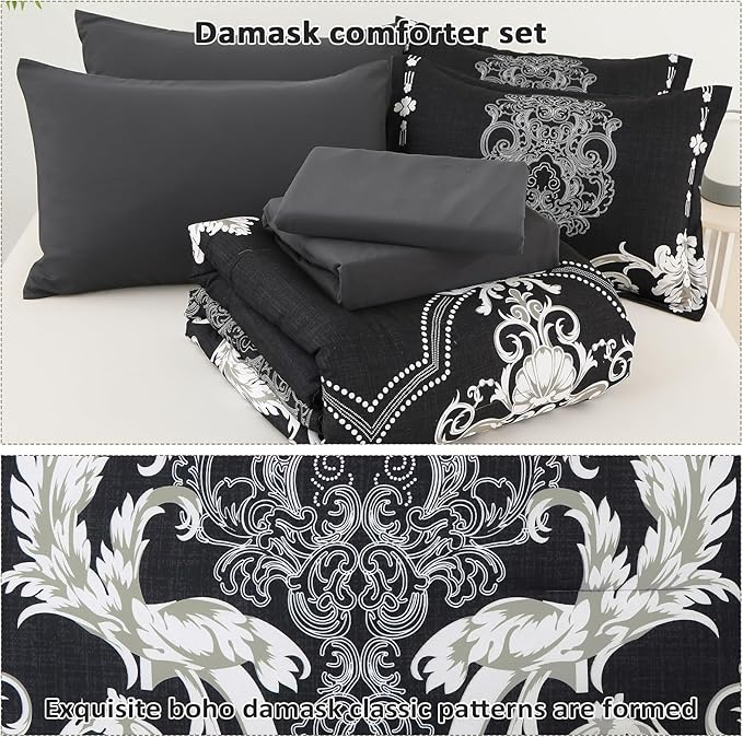 Mybedsoul Queen Comforter Set, 7 Pieces Boho Bed in a Bag for Queen Bed, Black Damask Comforter Set with Sheets, Pillowcases & Shams, Soft Microfiber Lightweight Bedding Sets for All Season(90"x90")