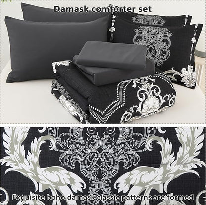 Mybedsoul Queen Comforter Set, 7 Pieces Boho Bed in a Bag for Queen Bed, Black Damask Comforter Set with Sheets, Pillowcases & Shams, Soft Microfiber Lightweight Bedding Sets for All Season(90"x90")